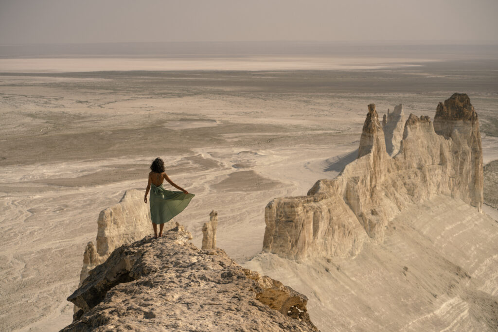a girl in a dress on bozzhira viewpoint